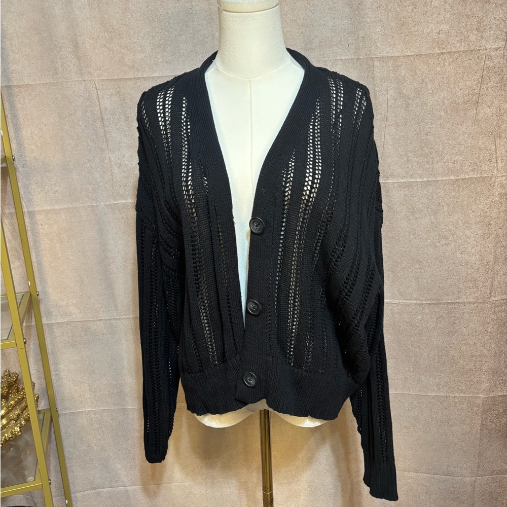 A New Day Black Open Knit‎ Cardigan Button Front Lightweight Sweater Size Large